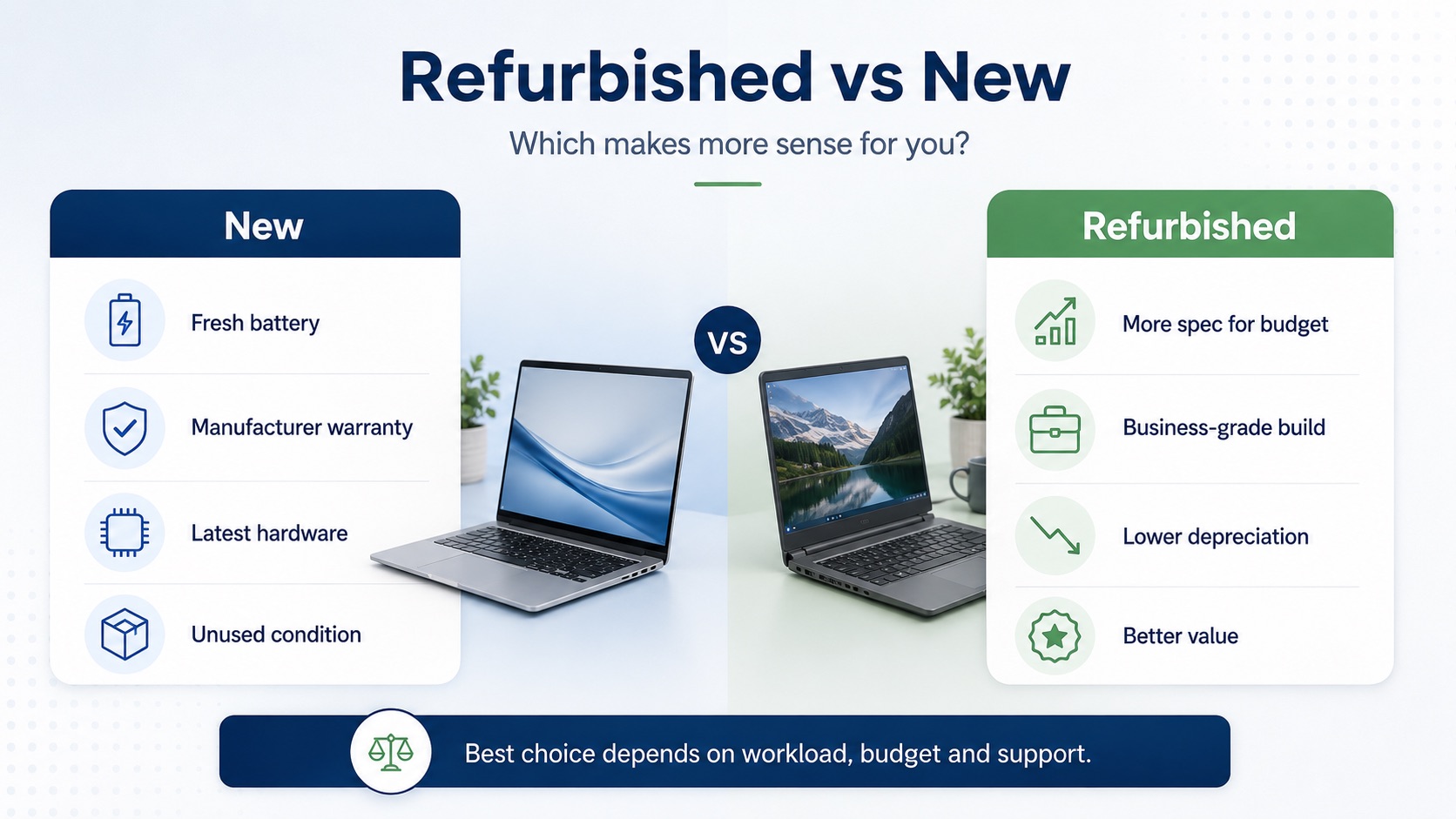 New consumer laptop and refurbished business laptop side by side on a desk