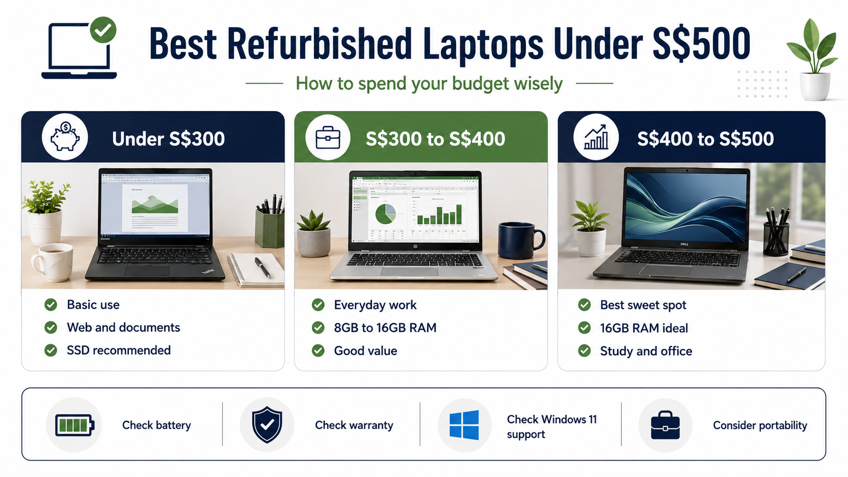 Comparison of refurbished laptop choices across three budgets below S$500